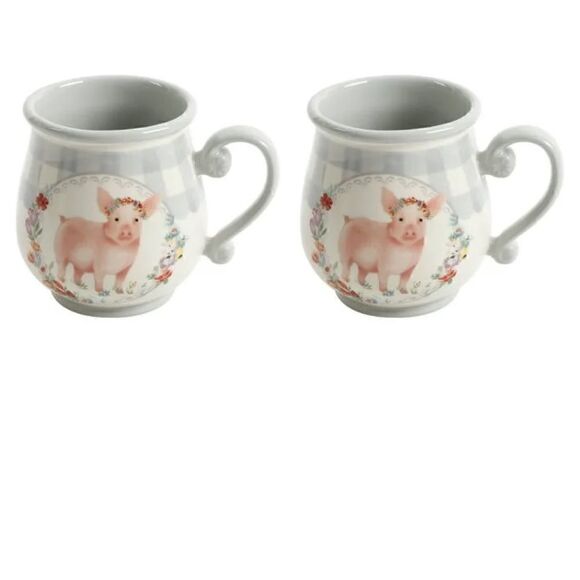 🦋 New Pioneer Woman Gray Gingham Pig Mugs - Set of 2 - Picture 4 of 6